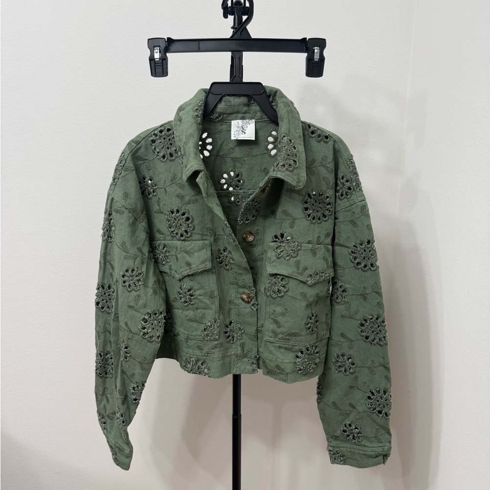 Altar'd State Olive Green Embroidered Cropped Jean Jacket - Picture 4 of 6